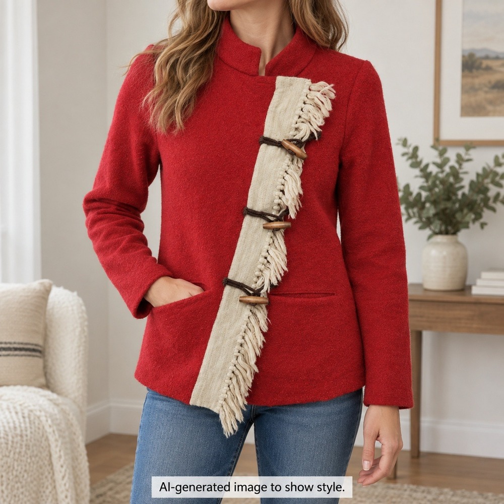 Sparrow Red Wool Mock Neck Jacket Women's XS Fringe Toggle Buttons Boho Chic